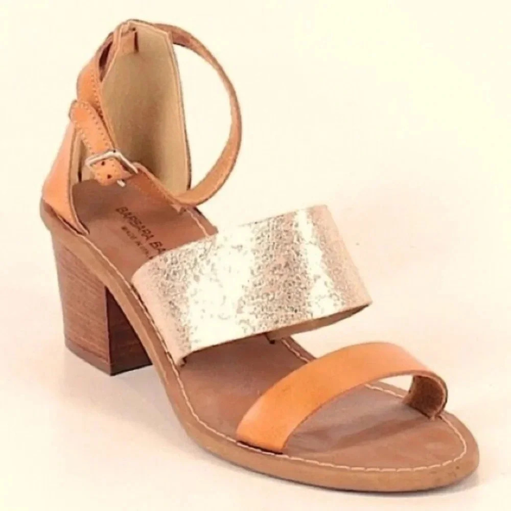 Metallic Gold and Tan Block Heel Sandal - Women